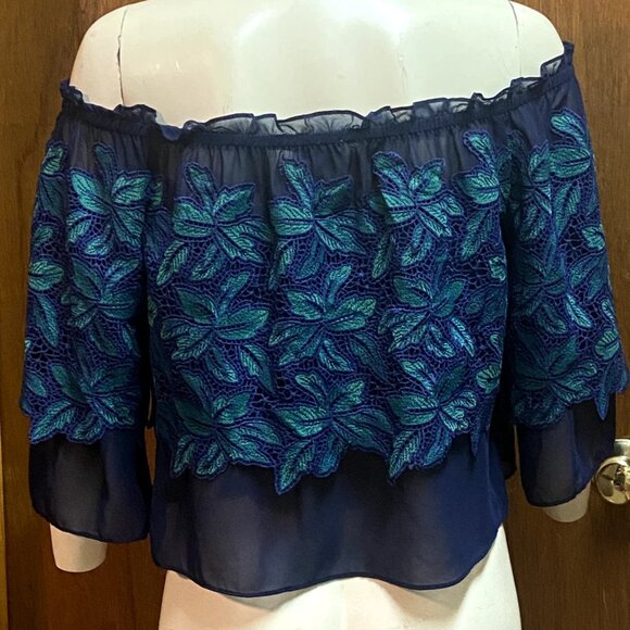 Jenn On Off Shoulder Garden Embroidered Lace Ruffle Cropped Blouse Top L 42 - Picture 5 of 12